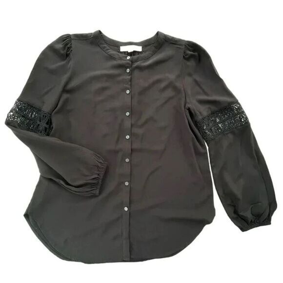 B4‎ LOFT Black Chiffon Lattice Lace Sleeve Blouse Top Size Medium - Picture 2 of 5